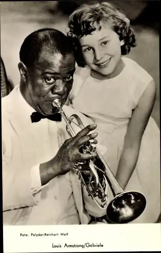 Ak Jazz Musiker Louis Armstrong mit Gabriele, Portrait, Polydor Schallplatten