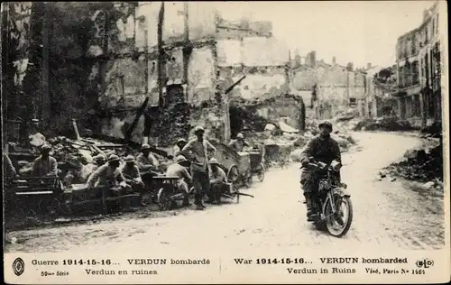Ak Verdun Meuse, Kriegszerstörungen, französischer Soldat, Motorrad, I WK