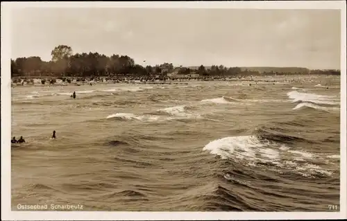 Ak Ostseebad Scharbeutz in Ostholstein, Blick über die See zum Strand