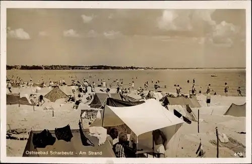 Ak Ostseebad Scharbeutz in Ostholstein, Partie am Strand, Blick auf die See, Zelte