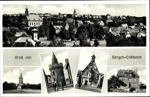 Ak Bergen Enkheim Frankfurt am Main, Teilansicht vom Ort, Kirche, Weißer Turm, Fachwerkhaus