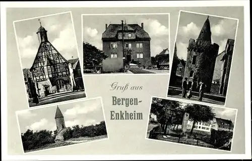 Ak Bergen Enkheim Frankfurt am Main, Ansichten vom Ort, Turm, Denkmal, Trinkhalle