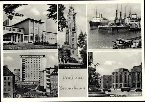 Ak Bremerhaven, Lloydstraße, Stadtbad, Stadttheater, alter Leuchtturm, Dampfer Berlin