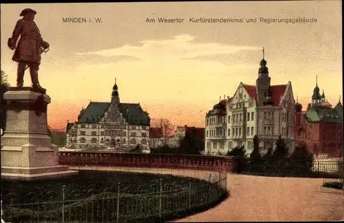 Ak Minden in Westfalen, Am Wesertor, Kurfürstendenkmal und Regierungsgebäude