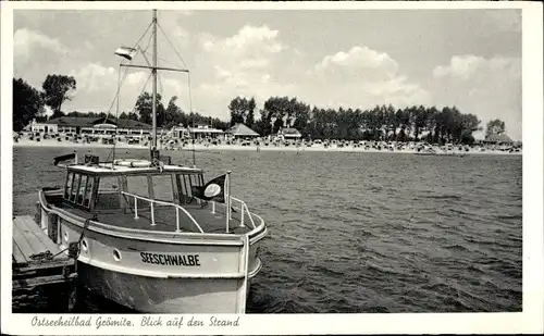 Ak Ostseebad Grömitz in Holstein, Blick zum Strand, Boot Seeschwalbe