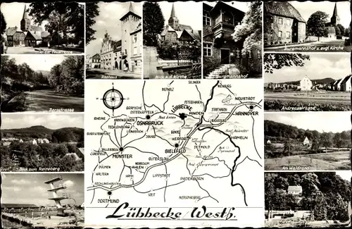 Ak Lübbecke in Westfalen, Gesamtansicht, Rathaus, Freibad, Bergstraße, Burgmannshof, Kirche