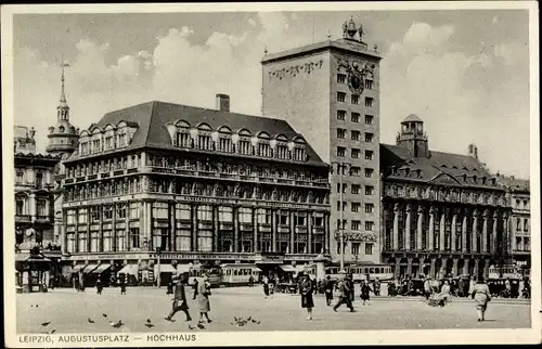 Ak Leipzig in Sachsen, Augustusplatz, Straßenbahn, Hochhaus