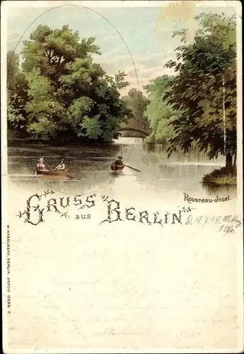 Litho Berlin Tiergarten, Rousseau Insel, Ruderpartie