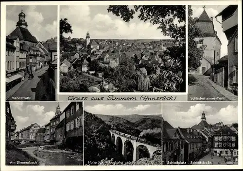Ak Simmern im Hunsrück, Gesamtansicht, Marktstraße, Schinderhannesturm, Schlossplatz, Simmerbach