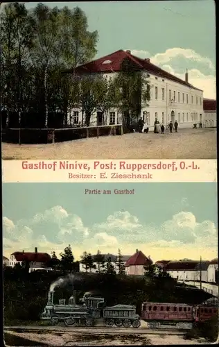 Ak Ruppersdorf Herrnhut in der Oberlausitz, Gasthof Ninive, Dampflok, Fotomontage