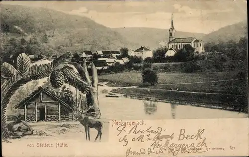 Ak Neckargerach in Baden Württemberg, Stetteus Hütte, Kirche, Ort