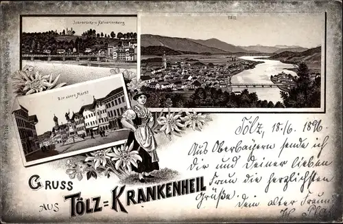 Litho Krankenheil Bad Tölz im Isartal Oberbayern, Isarbrücke, Kalvarienberg, Oberer Markt, Panorama