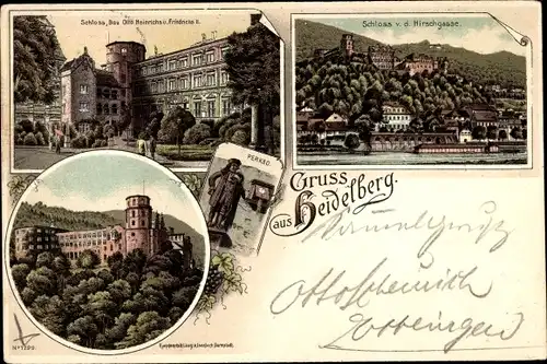 Litho Heidelberg am Neckar, Schloss v. d. Hirschgasse, Perkeo, Schloss