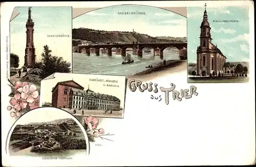 Litho Trier in Rheinland Pfalz, Mariensäule, Paulinuskirche, Moselbrücke, Basilika, Schloss