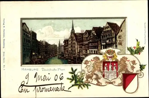 Präge Passepartout Litho Hamburg, Alsterpavillon, Deichstraße Fleet, goldenes Wappen