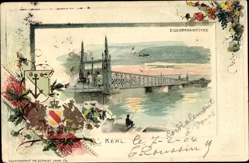 Präge Wappen Litho Kehl am Rhein, Eisenbahnbrücke