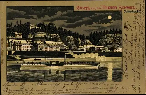 Mondschein Litho Trier an der Mosel, Schneiders Hof bei Nacht, Dampfer