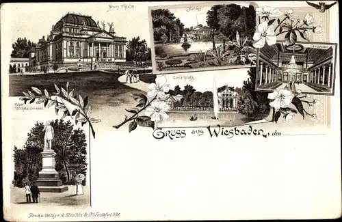 Litho Wiesbaden in Hessen, Neues Theater, Kurhaus, Konzertplatz, Kaiser Wilhelm Denkmal