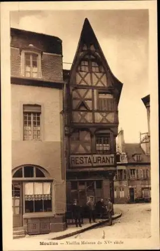 Ak Moulins Allier, Vieilles Maisons du XV siecle, Restaurant