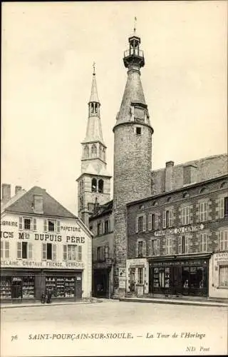 Ak Saint Pourçain sur Sioule Allier, La Tour de l'Horloge, Pharmacie du Centre