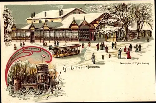 Litho Duisburg im Ruhrgebiet, Monning, Gastwirtschaft, Winter, Straßenbahn, Kaiserberg