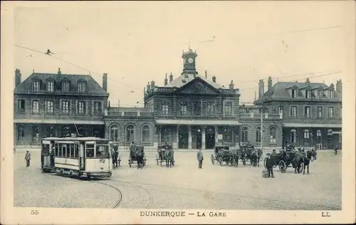 Ak Dunkerque Dünkirchen Nord, La Gare, Straßenbahn Nr. 32