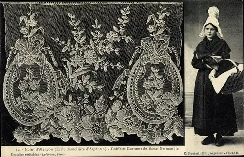 Ak Geklöppelte Spitze, Coiffe et Costume normande