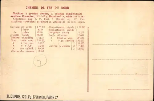 Ak Französische Eisenbahn, Dampflok No. 147, Chemins de Fer du Nord