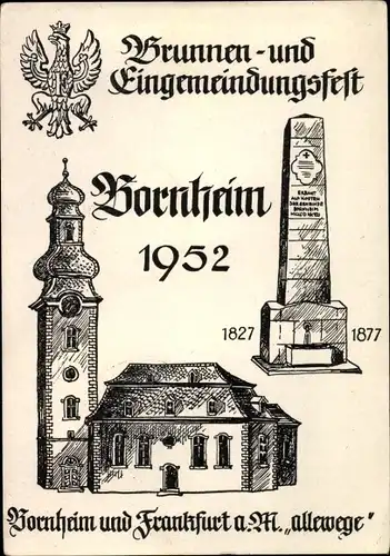 Künstler Ak Bornheim Frankfurt am Main, Brunnen und Eingemeindungsfest 1952