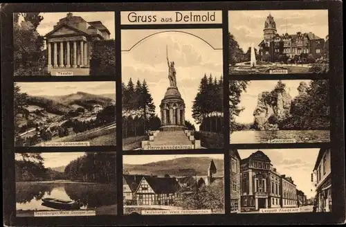Ak Detmold am Teutoburger Wald, Hermannsdenkmal, Schloss, Theater, Leopold Akademie, Externsteine
