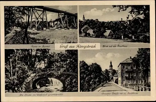 Ak Königsbrück in der Oberlausitz, Stadthaus, Auentalpartie, Dresdner Straße, Stadtkirche, Brücke