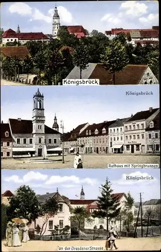 Ak Königsbrück in der Oberlausitz, Teilansicht, Rathaus mit Springbrunnen, Dresdener Straße