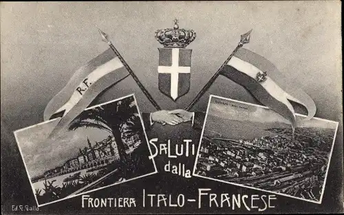 Wappen Ak Frontiera Italo-Francese, Fahnen, Italienisch-französische Grenze