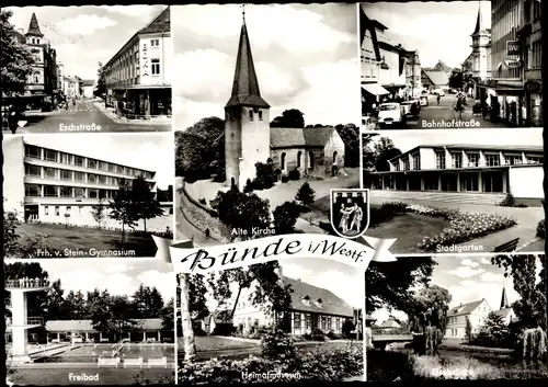 Ak Bünde in Westfalen, Kirche, Stadtgarten, Heimatmuseum, Freibad, Gymnasium, Straßenpartien