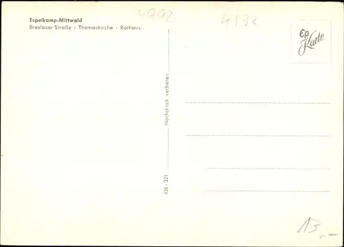 Ak Mittwald Espelkamp in Ostwestfalen, Breslauer Straße, Thomaskirche, Rathaus