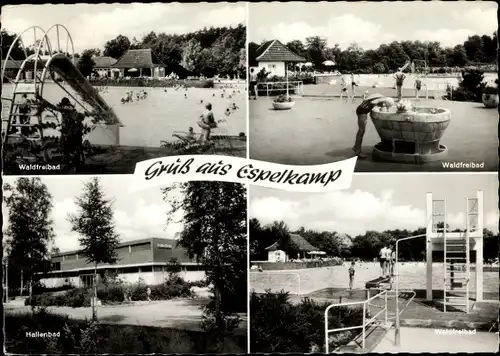 Ak Espelkamp in Westfalen, Waldfreibad, Hallenbad, Wasserrutsche, Sprungturm
