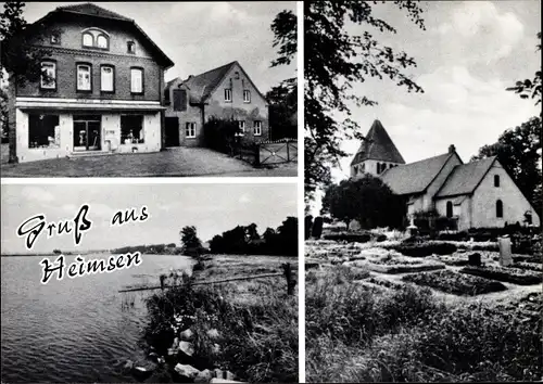 Ak Heimsen Petershagen an der Weser, Gemischtwarengeschäft Plenge, Kirche zu Heimsen, Flusslauf