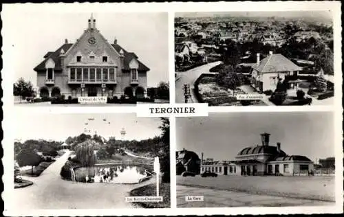 Ak Tergnier Aisne, L'Hôtel de Ville, Vue panoramique, la Gare