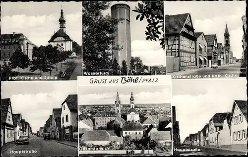 Ak Böhl Iggelheim in der Pfalz, Wasserturm, Kirchenstraße, Hauptstraße, Kirche, Schule