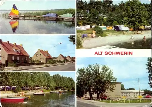 Ak Alt Schwerin am Plauer See, Dorfstraße, Bootsanlegestelle am Campingplatz, Restaurant