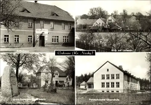 Ak Lodenau Rothenburg in der Oberlausitz, Kulturhaus, Teilansicht, Ernst Thälmann-Gedenkstein, POS