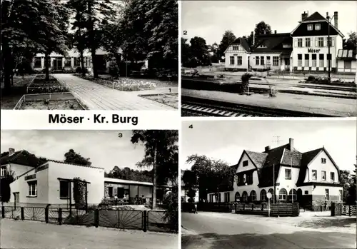 Ak Möser Jerichower Land, Waldhotel Tannengrund, Bahnhof, Eiscafe Birkeneck, FDGB Schulungshaus