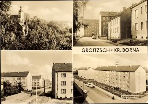 Ak Groitzsch in Sachsen, Teilansicht mit Kirche, Windmühlenstraße