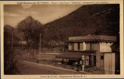Ak Dignes les Bains Alpes-de-Haute-Provence, Avenue de la Gare, Bahnhofstrasse, Cafe Riviera
