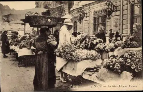 Ak Nice Nizza Alpes Maritimes, Blumenmarkt, Verkäuferinnen, Frau trägt Kiepe auf dem Kopf