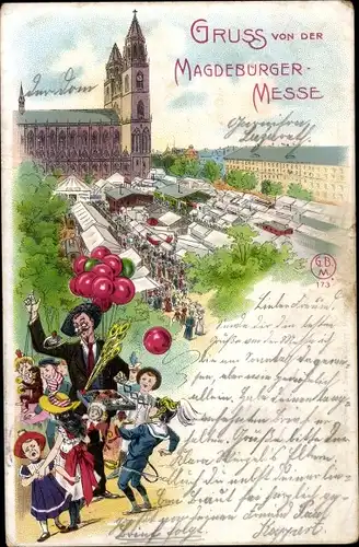 Litho Magdeburg an der Elbe, Messe, Luftballonverkäufer, Dom