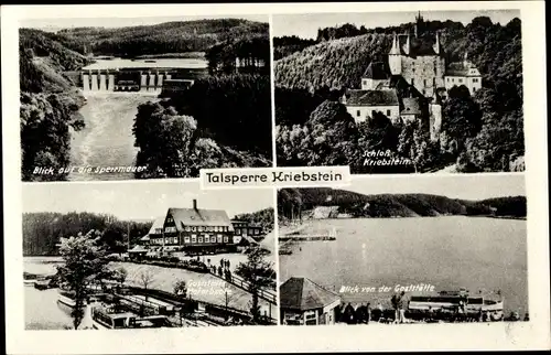 Ak Kriebstein Mittelsachsen, Talsperre, Sperrmauer, Schloss, Gaststätte, Motorboote