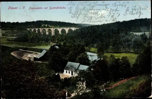 Ak Plauen im Vogtland, Blick ins Syratal mit Brücke, Wald