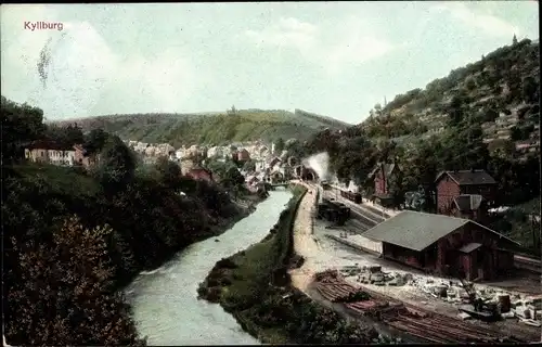 Ak Kyllburg, Blick auf Fluss Kyll und Eisenbahn, Gleise