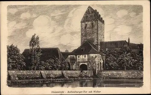 Ak Dinkelsbühl in Mittelfranken, Rothenburger Tor mit Weiher